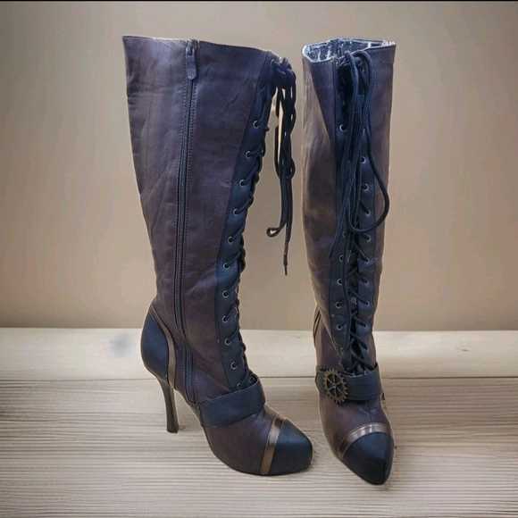 Ellie brown 4" Heels womens Steampunk knee boots Size 8 Grunge Goth Zip And Tie - Picture 2 of 15